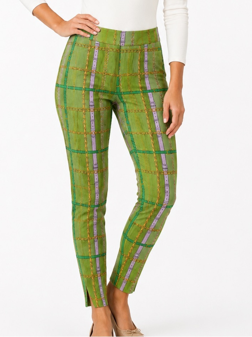 NEW YORK & COMPANY Stretchy Pull-On Green & Purple Plaid Slim Ankle Ponte Pants